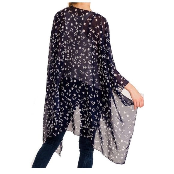 Anchor & Star Print Women's Navy Blue Semi Sheer Pullover Kimono Top One Size - Picture 4 of 4